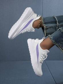 女士競技風格休閒透氣白色跑步鞋帶網紗繫帶和平底鞋底適用於戶外 - 白色 - 查看 4