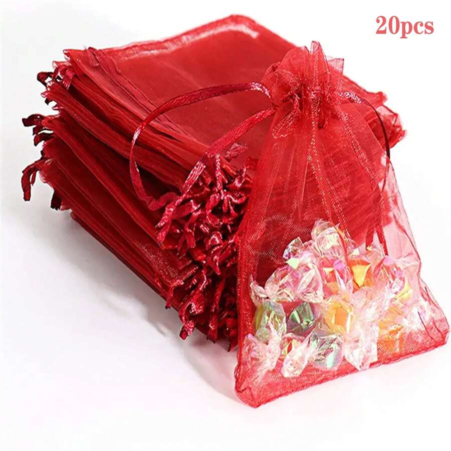 20 Piezas Bolsas De Organza De Regalo Con Cordón Rojo, Para Navidad, Cumpleaños, Recuerdo De Fiesta, Boda, Bolsita Para Joyería, Dulces