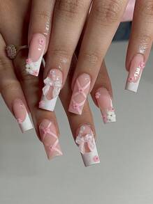 24入組棺材形狀長蝴蝶結3D裝飾假指甲，附1個指甲文件和1個果凍膠，即貼式指甲美甲用品 - 彩色 - 查看 1