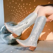 鑽石裝飾粗跟尖頭靴子帶側拉鍊,美國西部牛仔風格 - 銀色 - 查看 1