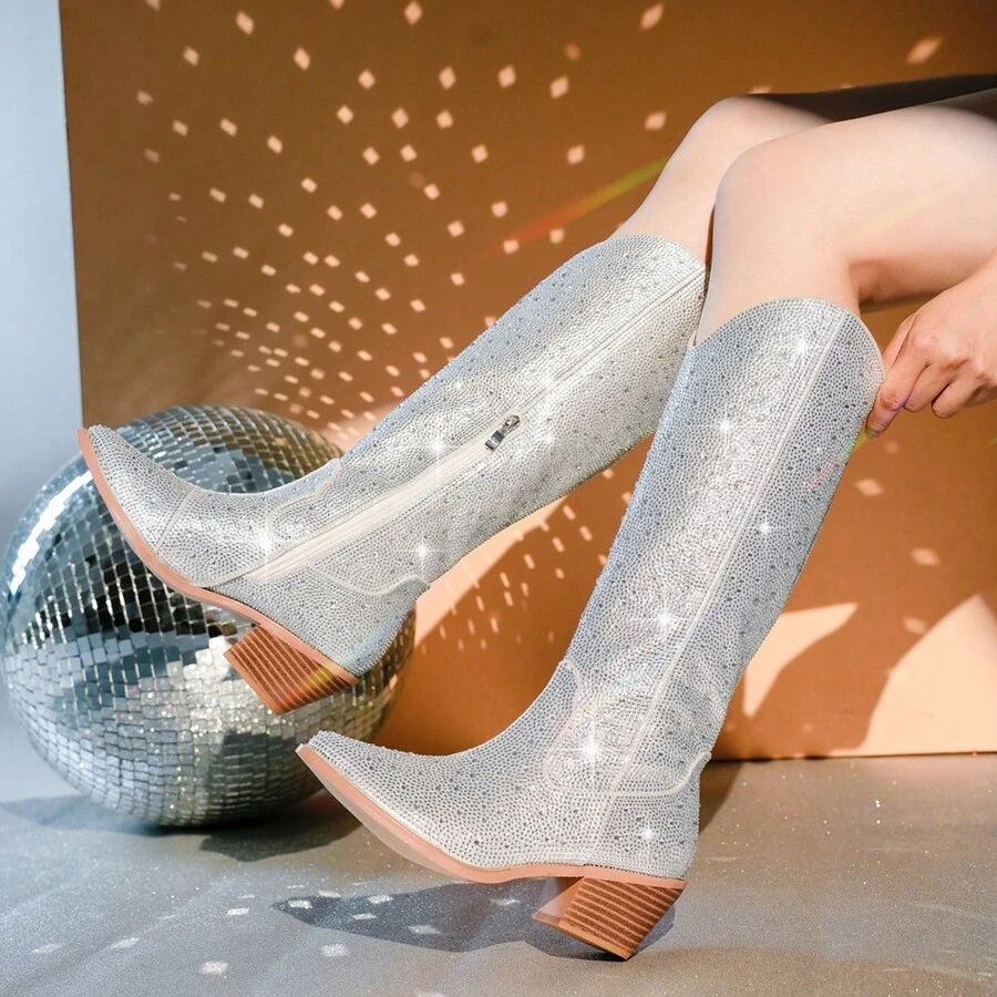 鑽石裝飾粗跟尖頭靴子帶側拉鍊,美國西部牛仔風格 - 銀色 - 查看 1