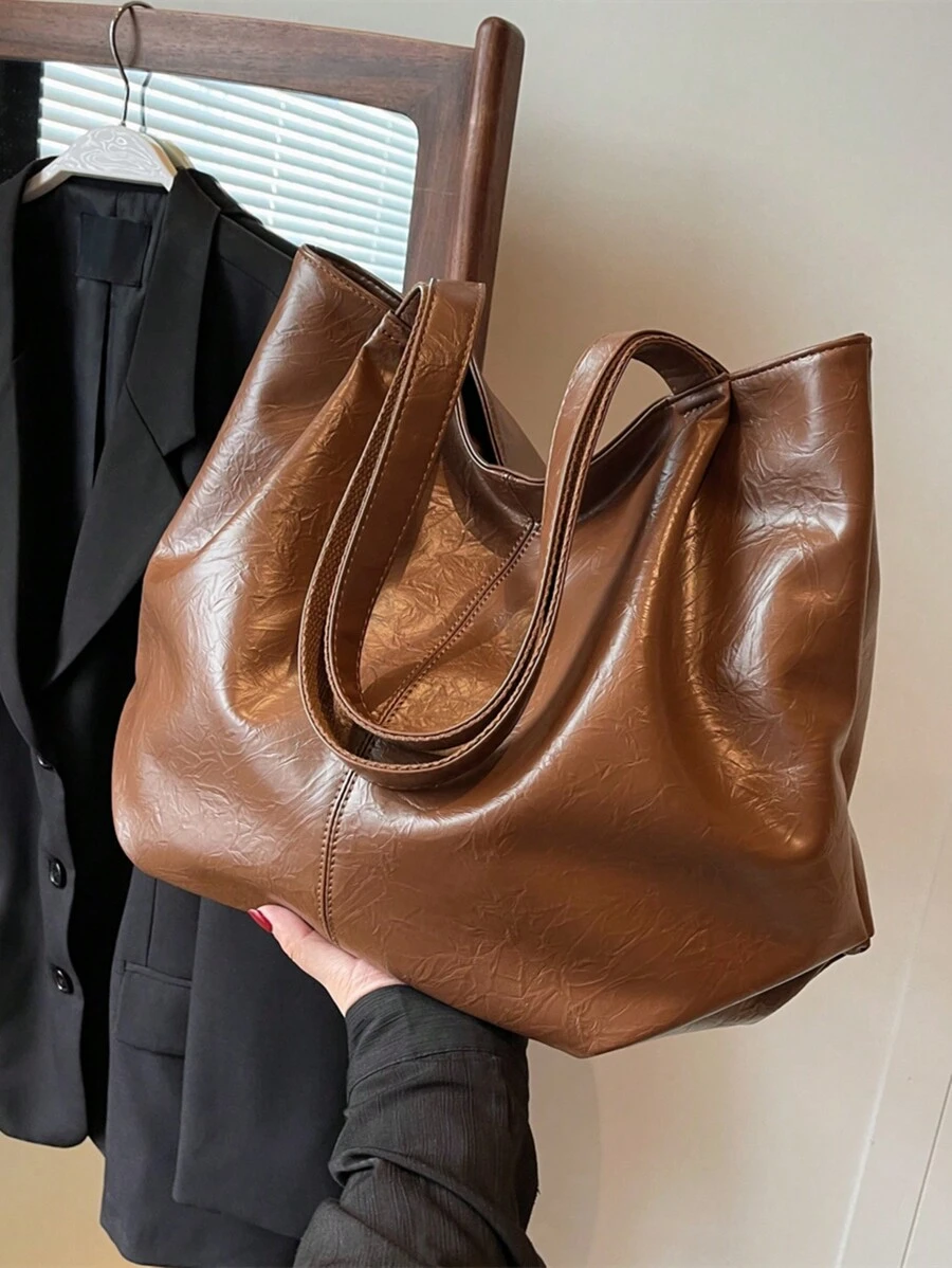 Bolsa Grande Vintage Para Mujeres Con Capacidad Sólida De Un Solo Color - Café integral - Ver 1