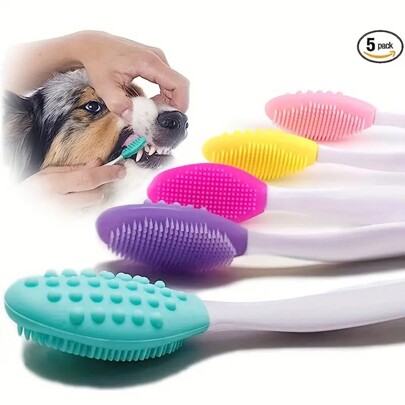 5pcs Dog Toothbrush Kit: Double-Sided Soft Silicone For Gentle Cleaning & Long Curved Handle For Easy Reach!