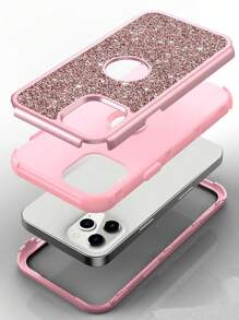 Sequins Pink 360 Degree Full Coverage Three-Proof Flash Powder Hollow Out Phone Case Compatible With Apple - Rose Gold - View 1