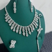 Ensemble De Collier, Boucles D'oreilles, Bague Et Bracelet Pour Femme, Ensemble De 4 Pièces/ensemble En Zircone Cubique De Style Européen Et Américain Pour Robe De Mariée Et Dîner De Mariage