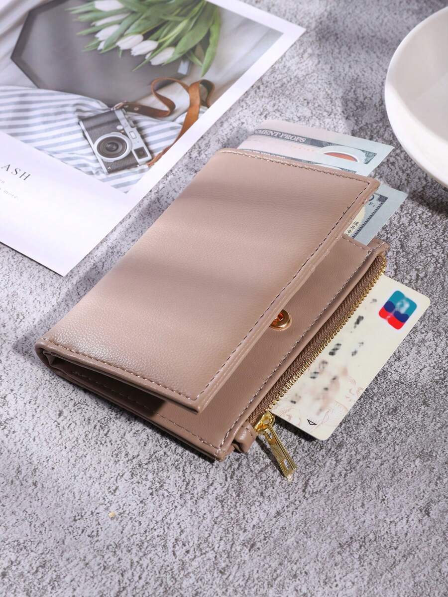 1 pieza Cartera corta de PU en color caqui con diseño sencillo, cierre con cremallera, gran capacidad y múltiples ranuras para tarjetas, regalo para maestros, casual de negocios para mujer, mini cartera, monedero, cartera para tarjetas