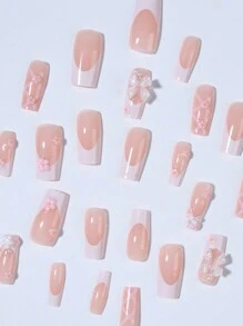 24入組棺材形狀長蝴蝶結3D裝飾假指甲，附1個指甲文件和1個果凍膠，即貼式指甲美甲用品 - 彩色 - 查看 3