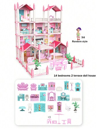 4/9/11房間娃娃屋套裝,多層粉色家具和配件,適合5-10歲女孩,是生日、元旦和遊戲時間的完美禮物