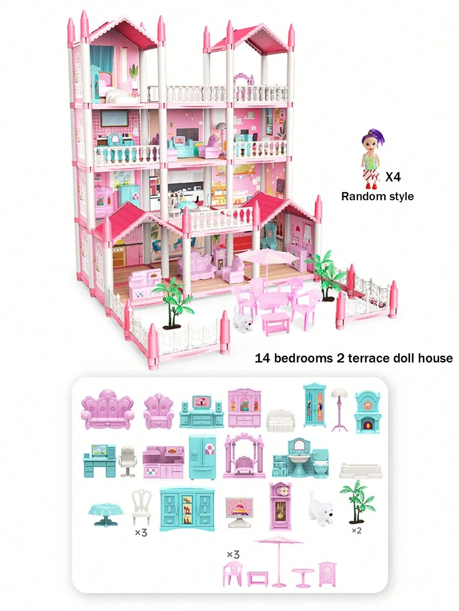 4/9/11房間娃娃屋套裝,多層粉色家具和配件,適合5-10歲女孩,是生日、元旦和遊戲時間的完美禮物