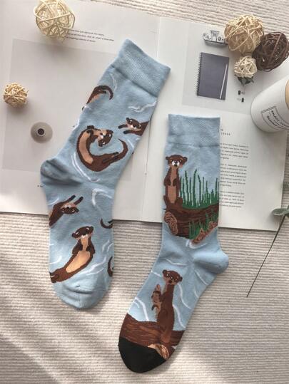 1pair European And American Style Fox Patterned Asymmetric Ab Socks, Creative And Personalized Men's Mid-calf Socks