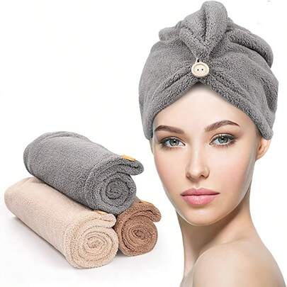 1pc Microfiber Hair Towel, Hair Towel With Button, Super Absorbent, Hair Towel Wrap, For Curly Hair, Fast Drying Hair Wraps For Women, Anti Frizz Microfiber Towel Home Bathroom Decor Back To School Hair Bonnet Shower Towels For Beauty Salon, Hotel Sports,Home Essentials, Towel, Skin Care