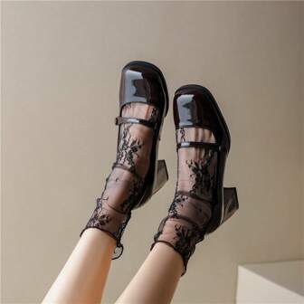 1pair Japanese Style Lace Floral Mid-calf Socks, Thin & Hollow Out, Short Socks For Mary Jane Shoes In Summer