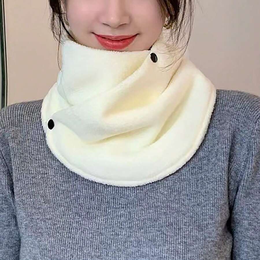 1 件女用韓式雙面蓬鬆抓絨加厚圍脖帶紐帶圍巾,適合戶外活動、通勤、夜間聚會等。 - 白色 - 查看 1