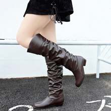 Women's Pu Leather Low Heel Knee High Boots With Round Toe (popular Style) - Brown - View 2