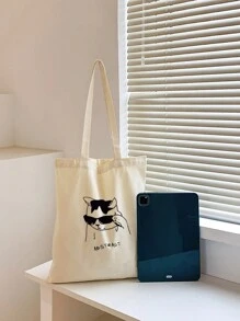 1pc Beige Canvas Tote Bag With Sunglasses Wearing Kitten Pattern