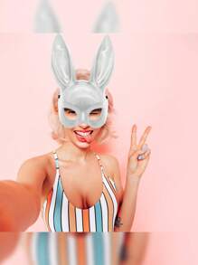 Máscara Antifaz Orejas de Conejo Plástico Liso Rígido Tamaño Grande Disfraz Ariana G Conejita Halloween - Blanco - Ver 5