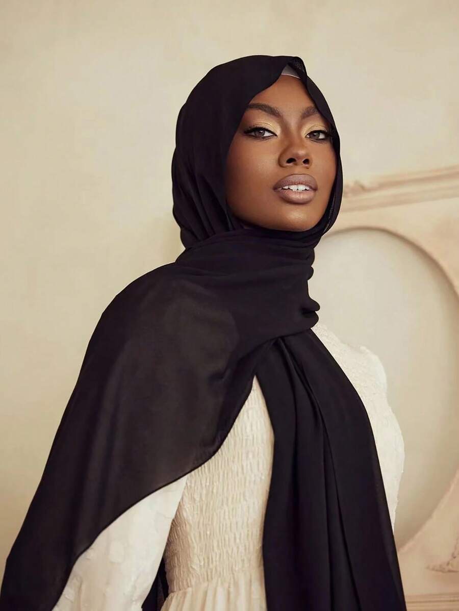 1 件女士长袍配饰柔软雪纺纯色仿珍珠装饰围巾，适合日常佩戴，黑色休闲头带柔软头巾女士面纱 - 黑色 - 查看 1