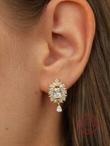 1對華麗風格925純銀鋯石鑲嵌耳釘,適合日常佩戴與派對使用,送禮佳品