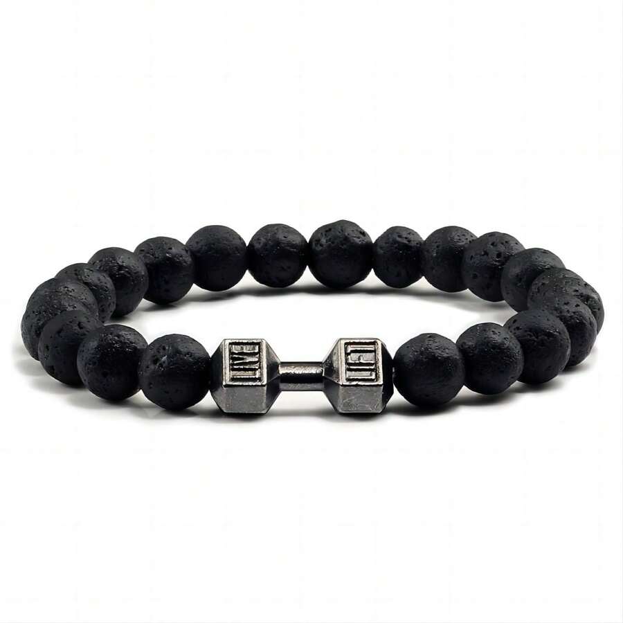 1pc Natural Black Volcanic Lava Stone Dumbbell Bracelet Black Matte Beads Bracelets For Women Men Fitness Barbell Jewelry