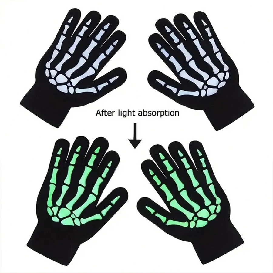 1pair Warm Glow In The Dark Knitted Skeleton Claw Gloves, Luminous Fluorescent Mittens For Dress Up Parties - Multicolor - View 1