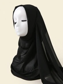 1 件女士长袍配饰柔软雪纺纯色仿珍珠装饰围巾，适合日常佩戴，黑色休闲头带柔软头巾女士面纱 - 黑色 - 查看 6