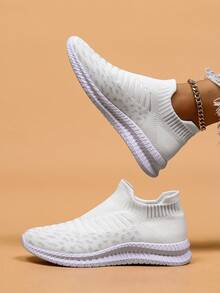 女款全季透氣運動鞋，時尚絨面鞋 - 白色 - 查看 2