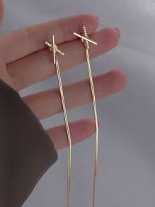 1pair Fashionable Minimalist Minimalist Style Cross & Tassel & Rhinestone Decor Dangle Earrings For Women - Yellow Gold - View 2