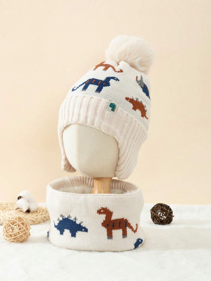 1 件隨機切割可愛恐龍圖案彩色帽子帶耳朵保護,另加 1 件隨機切割加厚恐龍印花彩色冬季圍巾適合男孩/女孩 - 彩色 - 查看 1