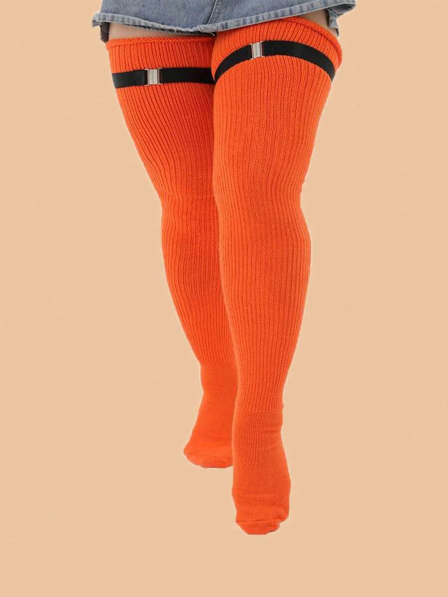 Plus Size Extra Long Orange Thigh High Socks With Buckle, Autumn/winter - Multicolor - View 1
