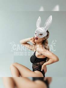 Máscara Antifaz Orejas de Conejo Plástico Liso Rígido Tamaño Grande Disfraz Ariana G Conejita Halloween - Blanco - Ver 7