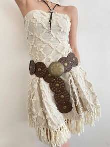 Boho 1pc Women's Coffee Color Western Style Hollow Out Metal Grommet Circle Pu Belt Summer, School Fall, Autumn, Halloween - Coffee - View 3