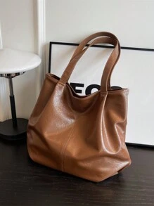 Bolsa Grande Vintage Para Mujeres Con Capacidad Sólida De Un Solo Color - Café integral - Ver 4