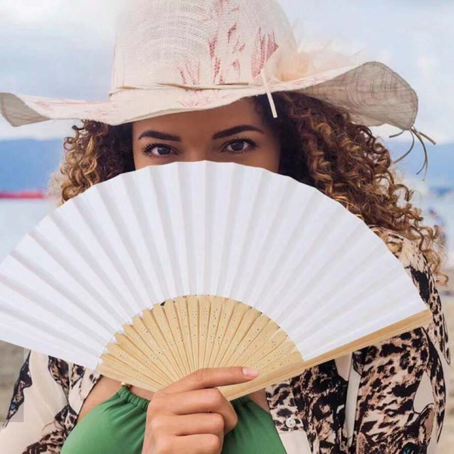 1把7英寸空白折扇紙diy藝術畫扇,手工畫,註:1扇附帶6個隨機顏色的顏料 - 白色 - 查看 1