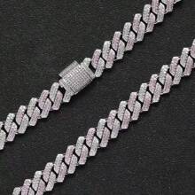 1pc Silver Color White And Pink Rhinestone Crypto Chain Bracelet And Necklace Set With Double Rows Of Inlaid Rhinestones, Hip Hop Style - Pink - View 2