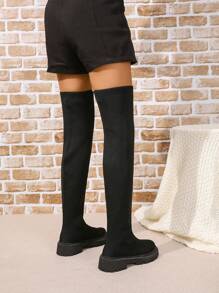 2024 New Women Over-The-Knee Boots Elastic Sock Boots Comfy Casual Thick Sole Tall Boots Black Knitted Minimalist Thin Autumn Boots - Black - View 3