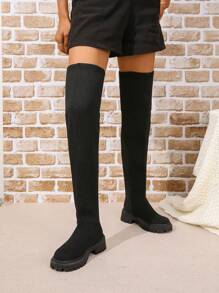 2024 New Women Over-The-Knee Boots Elastic Sock Boots Comfy Casual Thick Sole Tall Boots Black Knitted Minimalist Thin Autumn Boots - Black - View 4