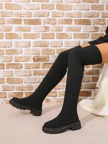 2024 New Women Over-The-Knee Boots Elastic Sock Boots Comfy Casual Thick Sole Tall Boots Black Knitted Minimalist Thin Autumn Boots - Black - View 5
