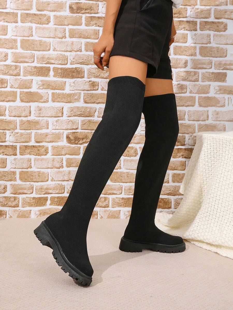 2024 New Women Over-The-Knee Boots Elastic Sock Boots Comfy Casual Thick Sole Tall Boots Black Knitted Minimalist Thin Autumn Boots - Black - View 1
