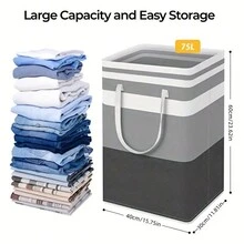 Foldable Fabric Laundry Hamper With Dust Cover, Waterproof Coating And Standing Collapsible Clothes Basket For Storage - gray white black stripes - View 2