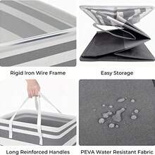 Foldable Fabric Laundry Hamper With Dust Cover, Waterproof Coating And Standing Collapsible Clothes Basket For Storage - gray white black stripes - View 3