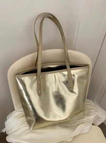 Fashionable Solid Color Simple Tote Bag With Shoulder Strap - Gold - View 1