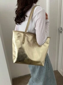 Fashionable Solid Color Simple Tote Bag With Shoulder Strap - Gold - View 5
