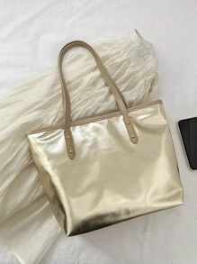 Fashionable Solid Color Simple Tote Bag With Shoulder Strap - Gold - View 6