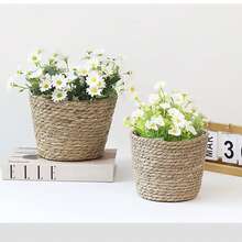 1pc Brown Straw Flower Pot Nordic Style Straw Garden Type Flower Arrangement Woven Flower Basket Storage Home Living Room Desktop Decoration