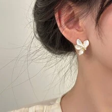 White Flower Earrings - Gold - View 2