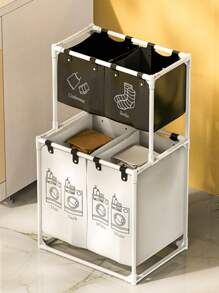 1入組2層2/4格洗衣籃,大容量防水布質髒衣服收納箱附可拆式收納袋,為浴室衣物整理收納提供便利,亦為浴室用品之亞麻籃,家居裝飾之必備品 - 黑與白 - 查看 3