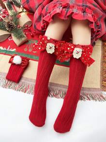 2pairs Girls' Christmas Bowknot Socks, Suitable For Christmas - Red - View 1