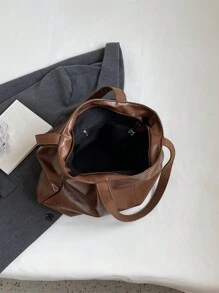 Bolsa Grande Vintage Para Mujeres Con Capacidad Sólida De Un Solo Color - Café integral - Ver 6