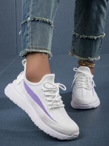 女士競技風格休閒透氣白色跑步鞋帶網紗繫帶和平底鞋底適用於戶外 - 白色 - 查看 5