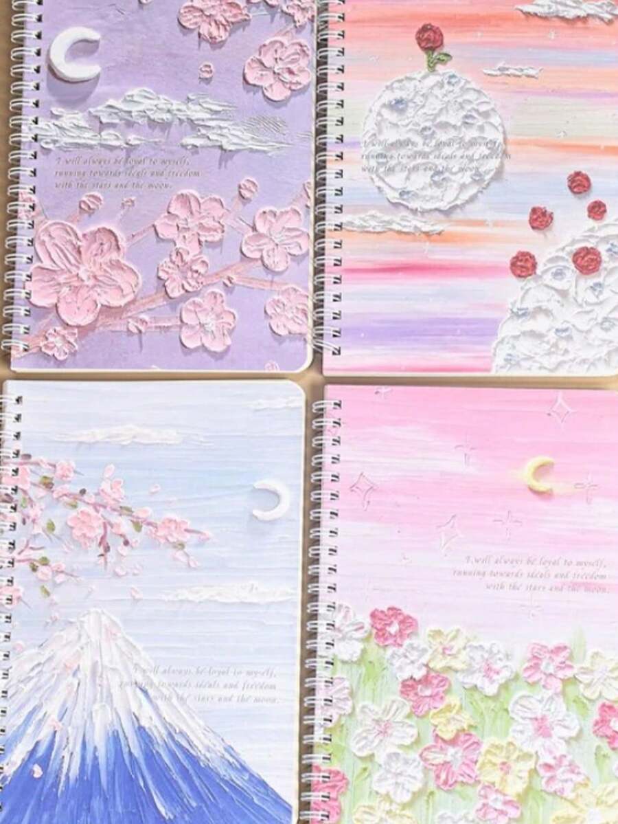 1本a5/a7隨機顏色螺旋筆記本,啟發靈感的油畫風景繪畫筆記本,適用於小學和初中學生,作為日記,練習,記事本,厚實線條的期刊 - 彩色 - 查看 1